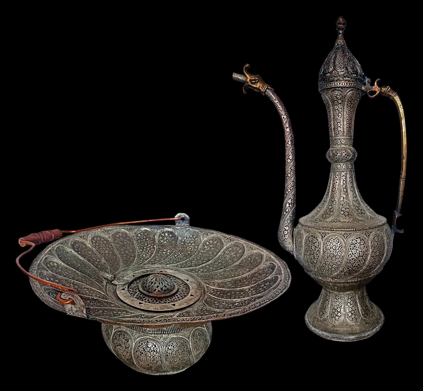 Engraved Kashmiri copper ewer and footed tray