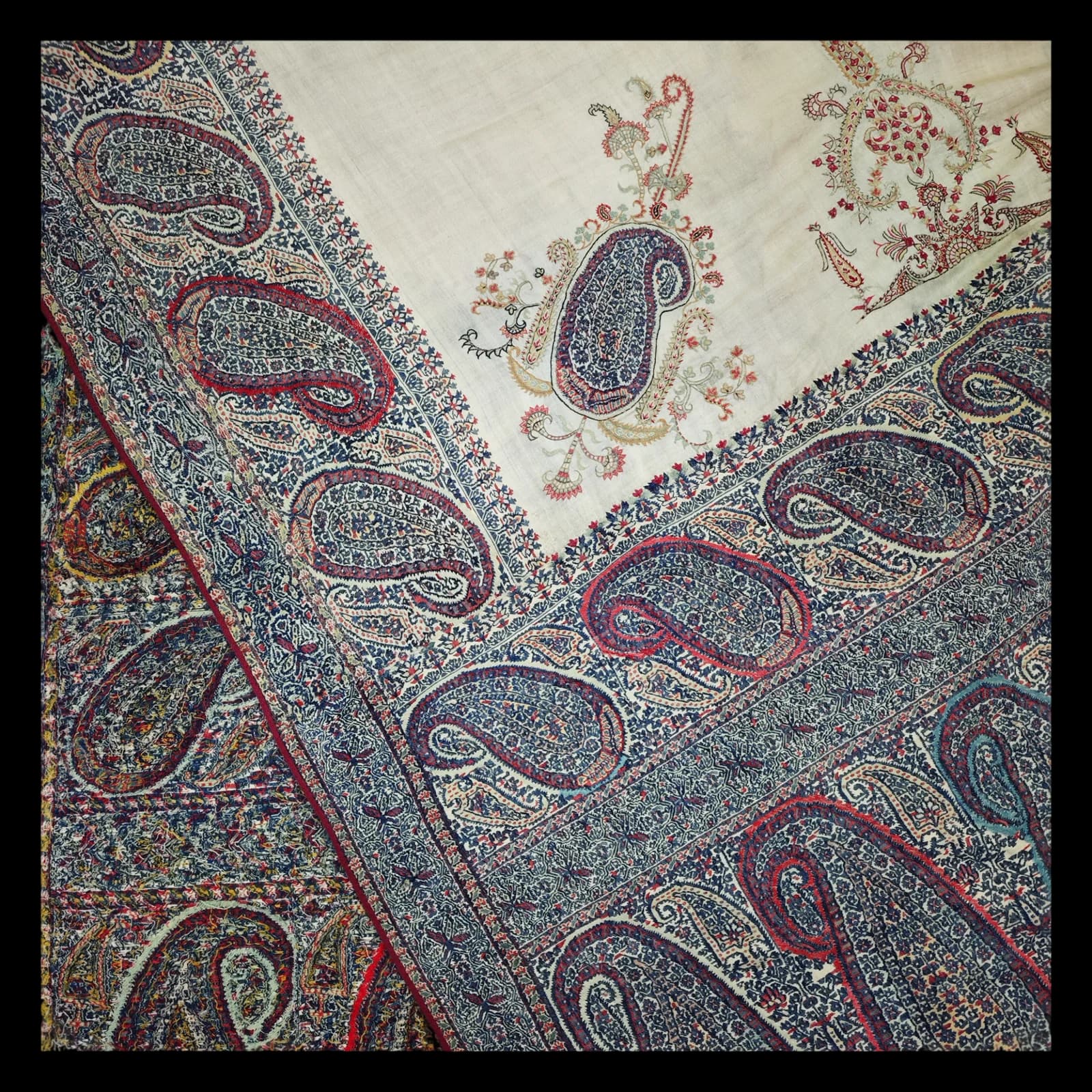 Close-up of hand-embroidered pashmina shawl paisley border