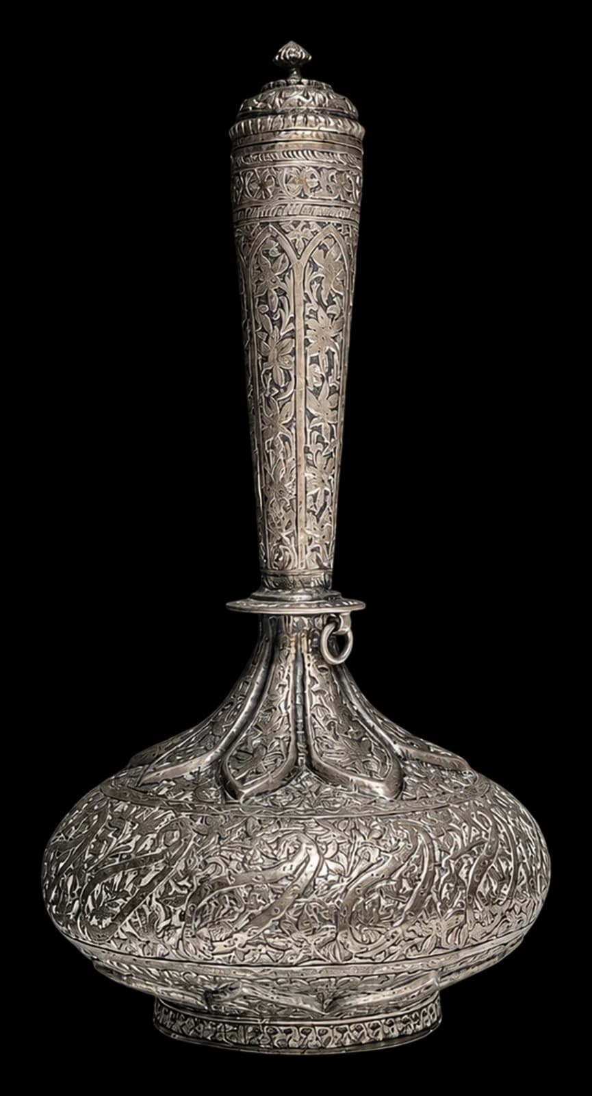 Tall engraved silver vessel with domed lid