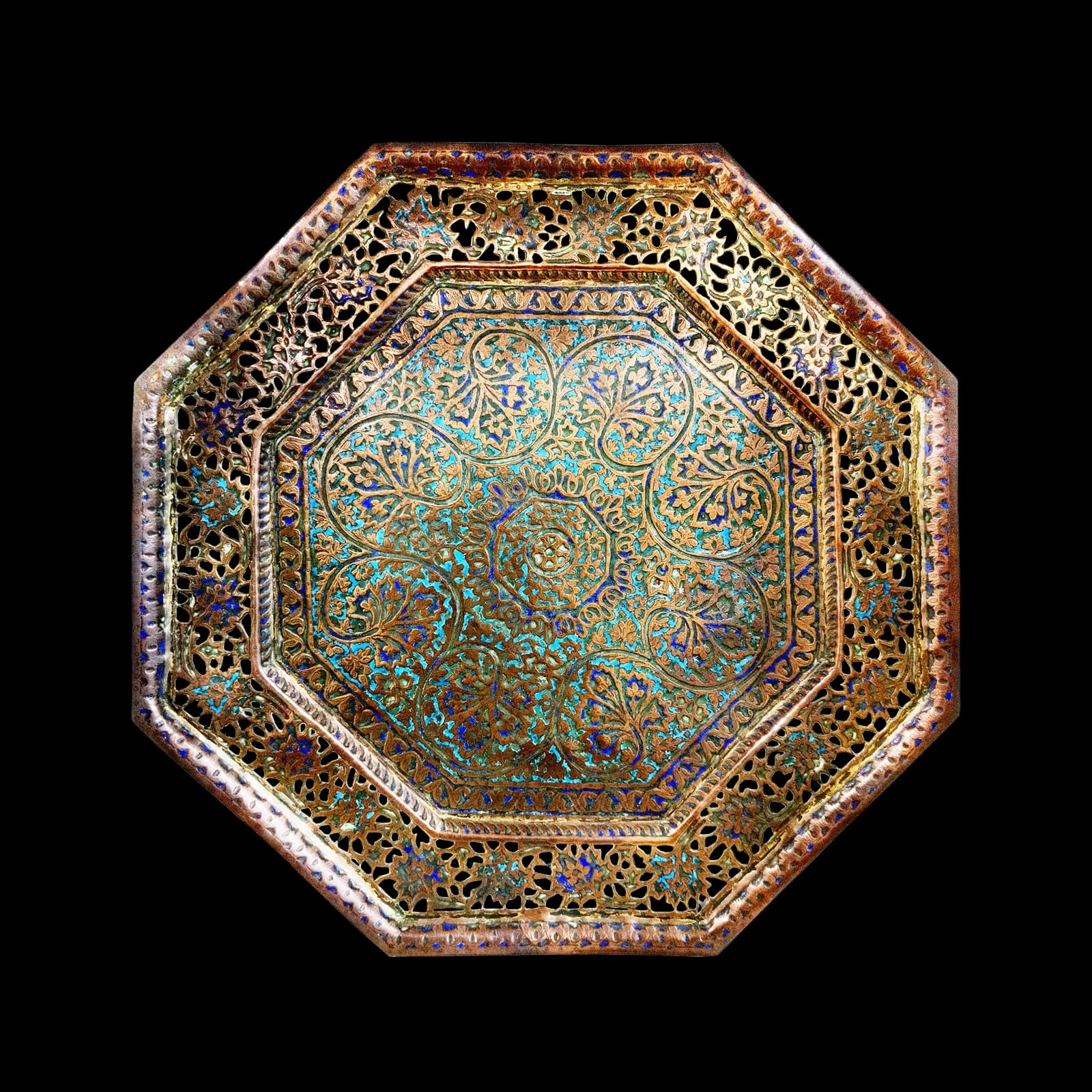 Blue and gold enamelled Kashmiri metalware bowl