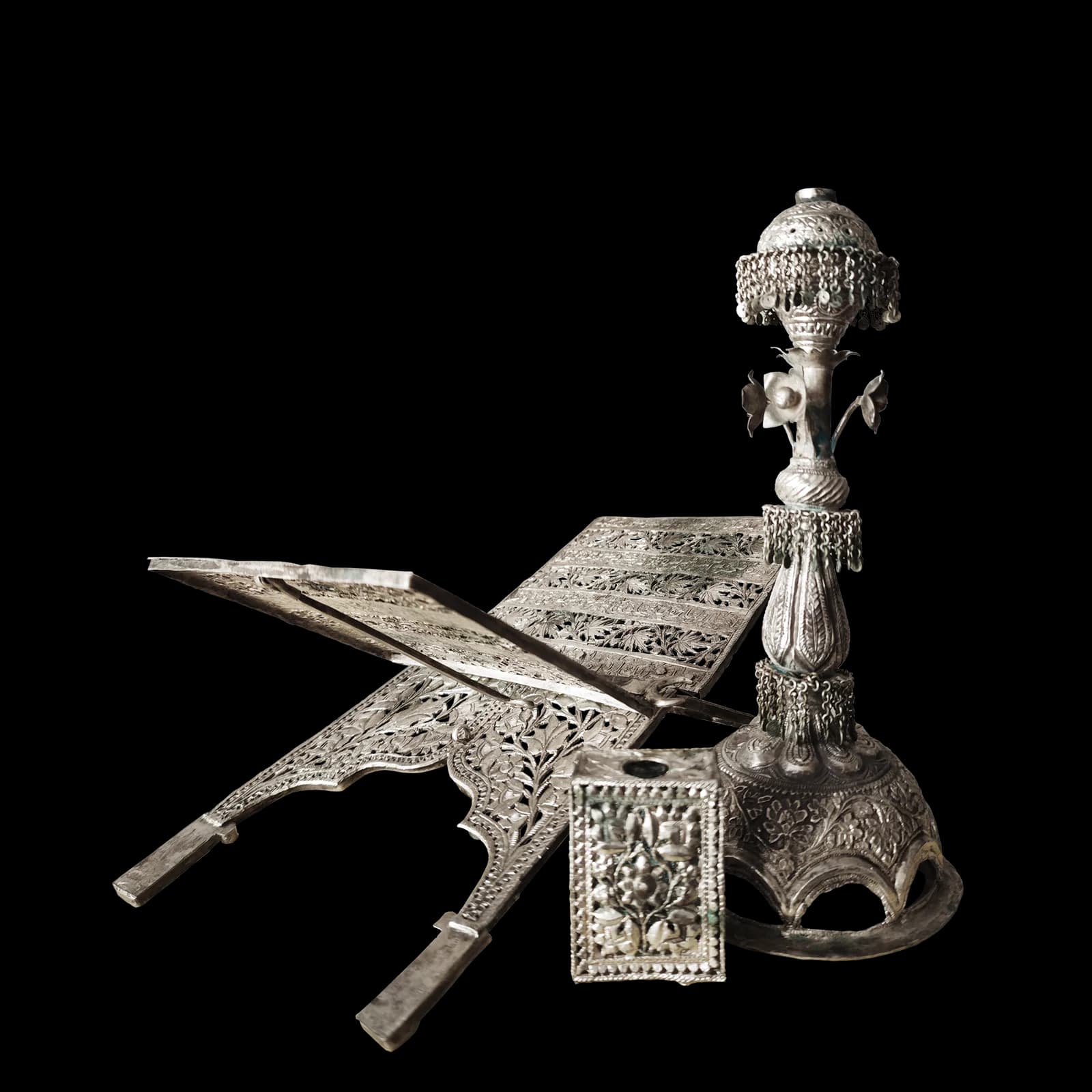 Engraved Kashmiri silverware pitcher and bowl set